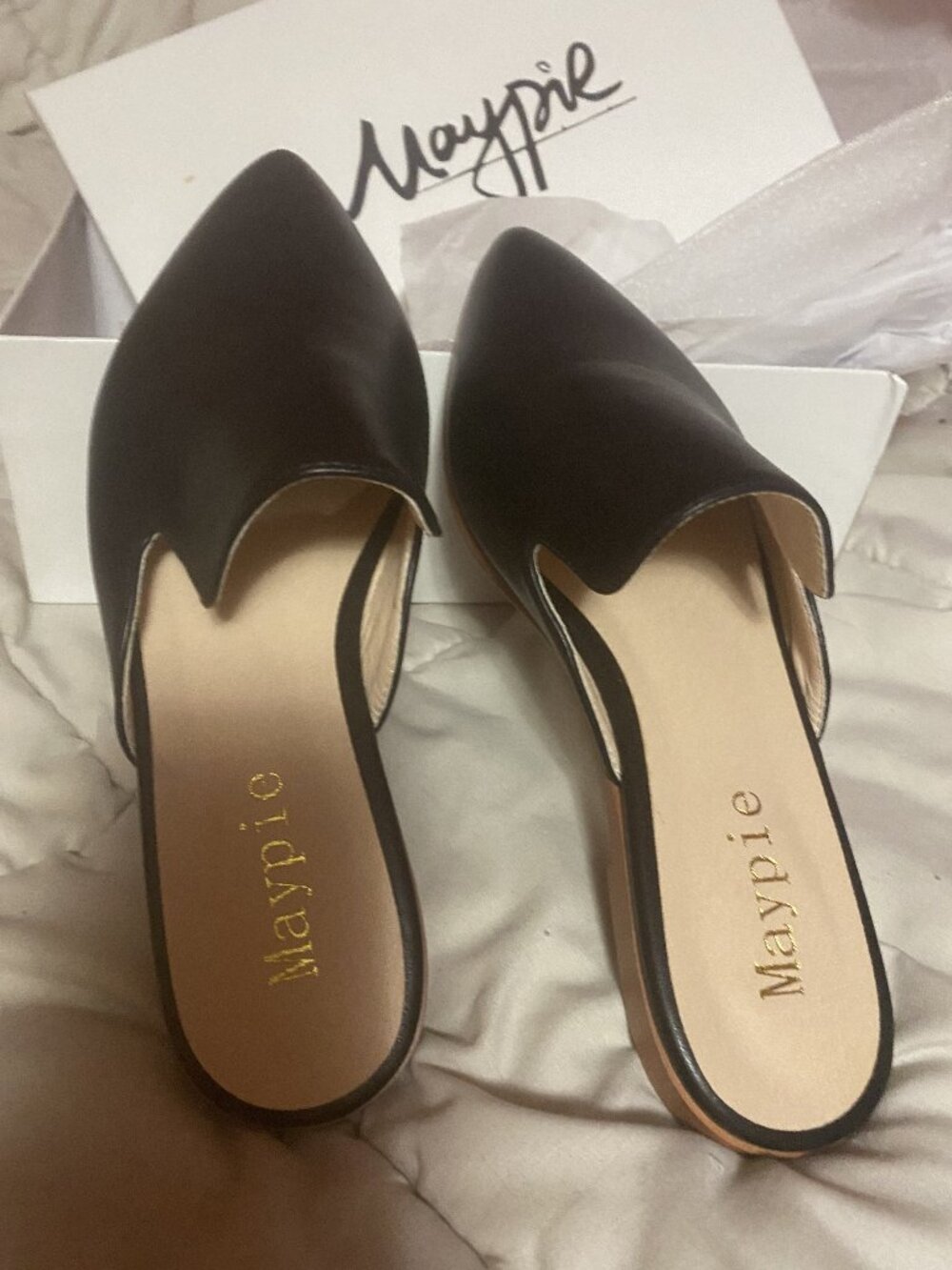 Maypie Black Open-Back Flats Size 7 (New in Box)
